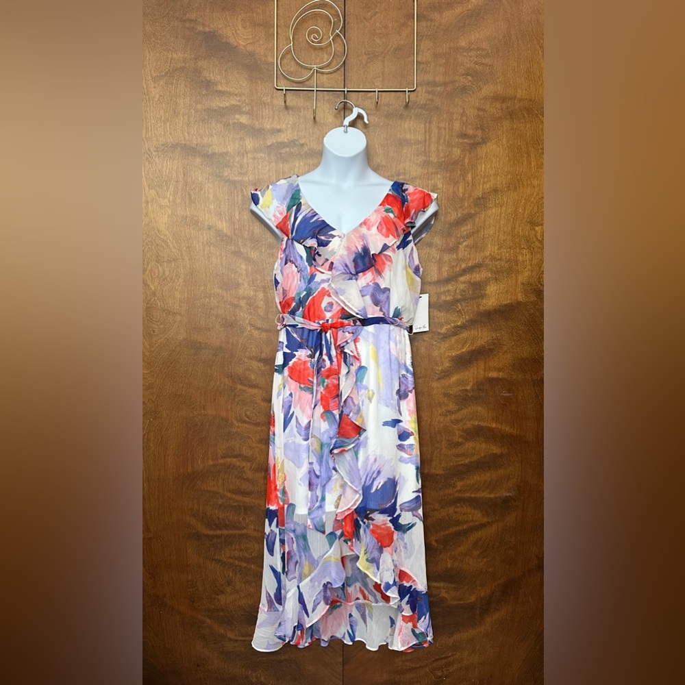 Harper Rose Ruffle Wrap Midi Dress Womens 16 Abstract Floral Chiffon Wedding NWT
